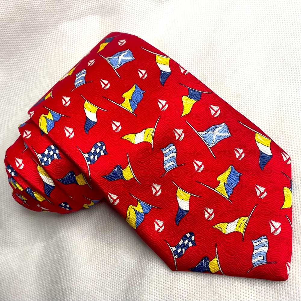 Lands End Nautical Tie 100% Silk Sea Flags Sailboats Boats Pattern Necktie Red